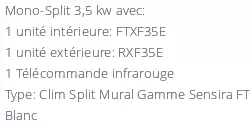 Climatiseur Mural Daikin Sensira FTXF35D + RXF35D